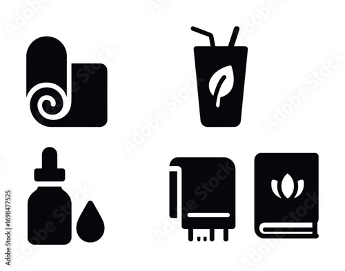 Wellness icons: yoga mat, juice, essential oil, towel, meditation book