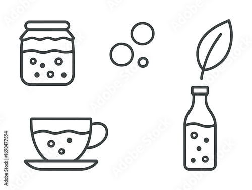 Kombucha line art: fermented tea icons including jar, bottle, cup, bubbles, and leaf