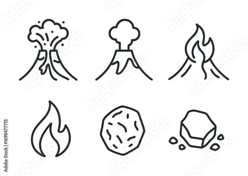 Volcano and fire icons set: eruption, flame, lava rocks, and smoke symbols