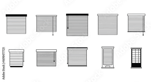 various styles of window blinds illustrated in black and white