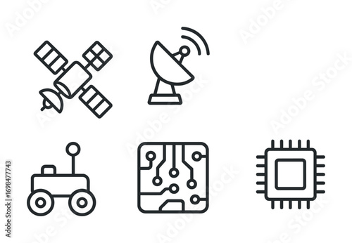 Space exploration technology: satellite, antenna, rover, circuit, microchip icons