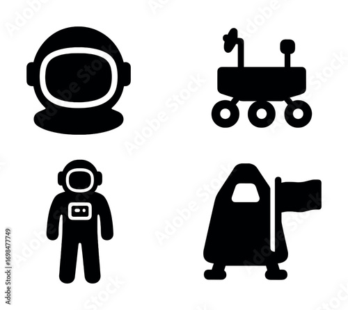 Space icons: astronaut, rover, spacecraft, flag