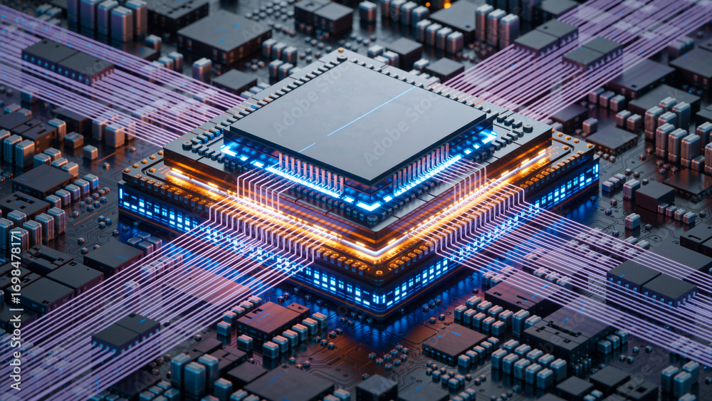 Fototapeta premium Futuristic CPU Microchip on a Circuit Board