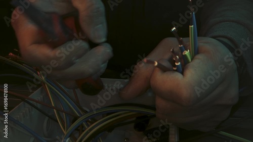 the hands of an electrician stripping wires