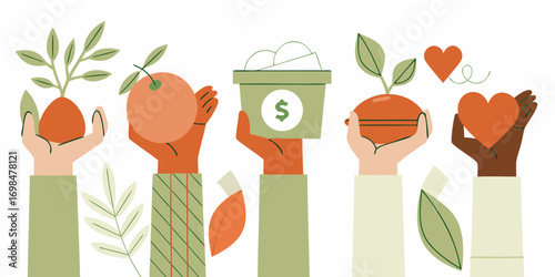 Diverse hands holding symbols of growth money and love representing community support and generosity