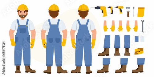 Construction worker character kit with front and back views and various tools and clothing elements
