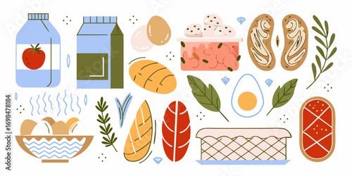 A delightful collection of breakfast food items and ingredients in a flat design style