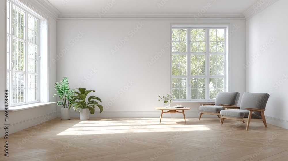Fototapeta premium Bright living room interior with white empty wall