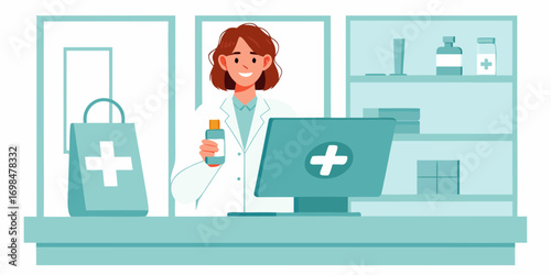 Friendly female pharmacist in white coat holding medication bottle behind counter with computer and shelves