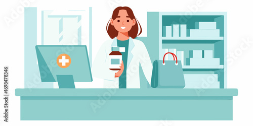 Friendly female pharmacist in white coat holding medication bottle behind pharmacy counter with computer and shelves
