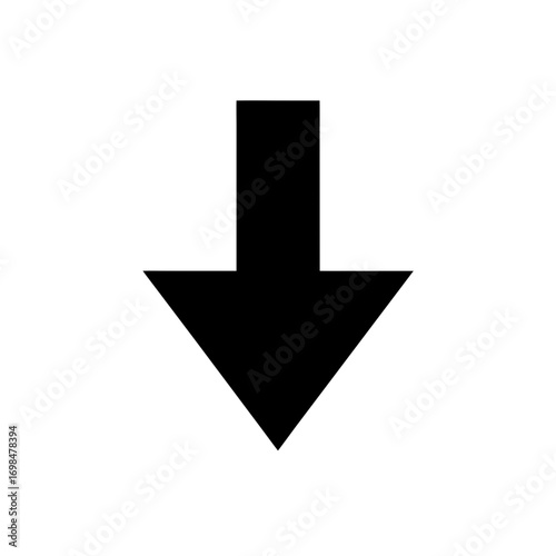 Simple black arrow pointing downward icon on transparent background silhouette