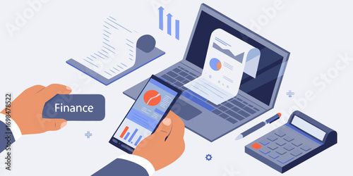 Hands holding smartphone with finance charts near laptop calculator and documents on white background