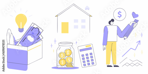 Financial planning and saving for a house with a lightbulb money coins calculator and person holding pencils