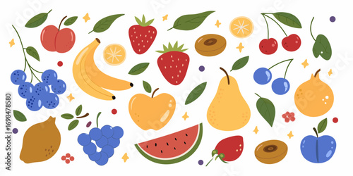 Vibrant assortment of fresh fruits and berries scattered across a white background