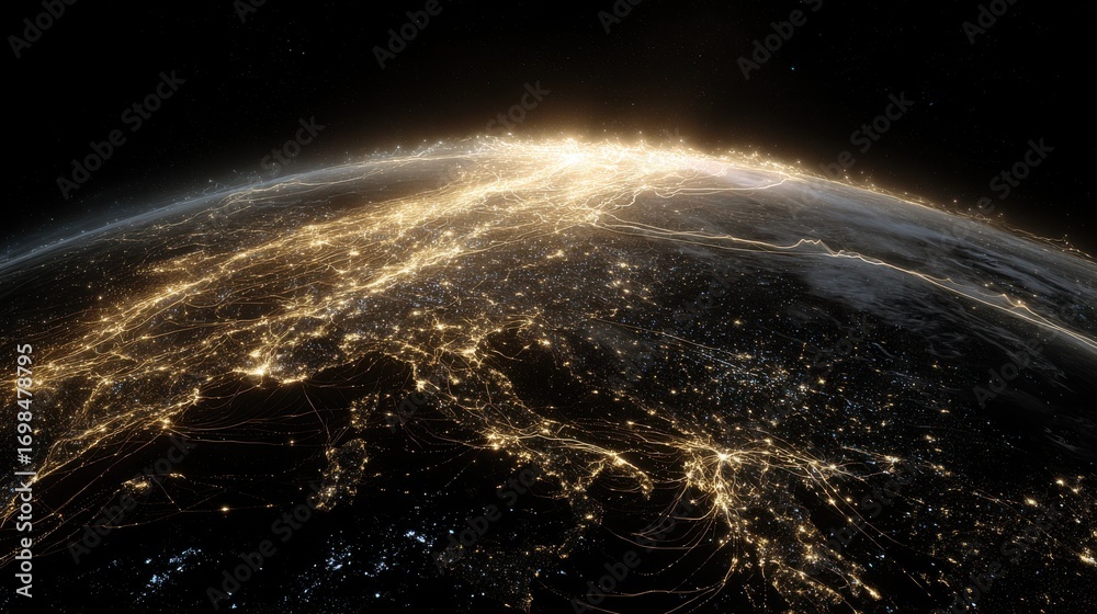 Fototapeta premium Celestial view of a planet's illuminated network of lights.
