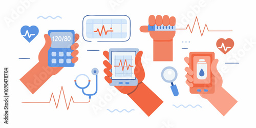 Hands holding medical devices and smartphones displaying health data and vital signs