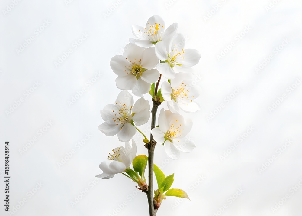 Fototapeta premium Delicate white blossom branch with subtle pink hues on a clean backdrop