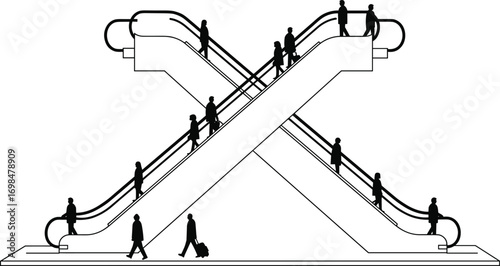Business people on crossed escalators, commuting, walking, modern urban transport, silhouette, travel concept, airport, office building, daily routine