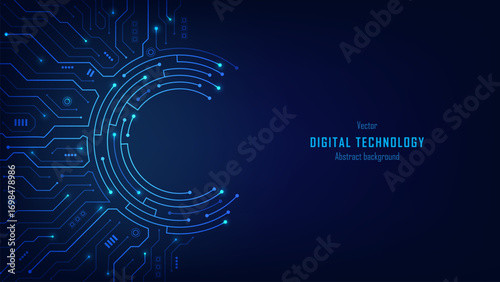 Futuristic circuit board and HUD frame background. Circuit board texture. AI, Artificial Intelligence. Futuristic motherboard design with data connections, processor, HTML code. Vector illustration.
