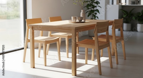 Sunlit Modern Dining Room with a Natural Wood Table and Chairs