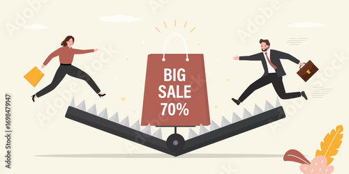Caught in shopping trap. Shopping bag in animal trap. Big sale, marketing, advertising campaign. Users catching bag. Business bait, customers want doing shopping with discount.
