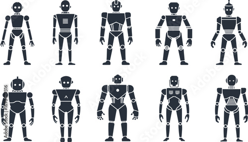 Robot and cyborg silhouette collection, various droid vector icons, perfect for sci-fi, technology, and futuristic design projects.