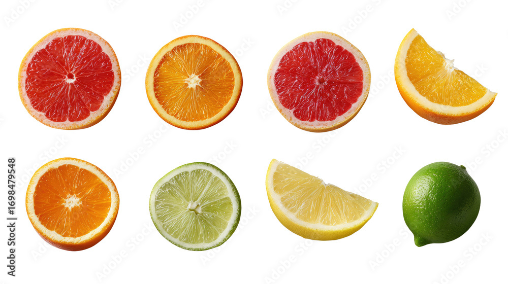 Fototapeta premium Citrus Burst: A vibrant assortment of freshly sliced citrus fruits bursts with color and freshness, showcasing the natural beauty and refreshing zest of nature's bounty.