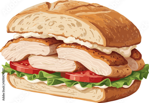 Roast Chicken Sandwich with Tomato and Lettuce Vector
