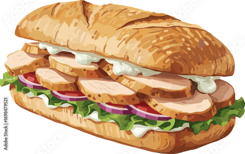 Roast Chicken Sandwich with Vegetables Vector Illustration