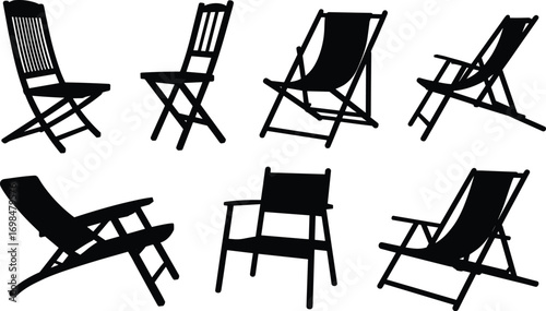 Set of folding chair silhouettes, beach and lounge chair vector, outdoor furniture clipart, black chair icon, camping seat design