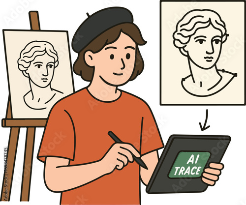 Art student converting a sketch into vector art via an AI trace button on a tablet screen illustration