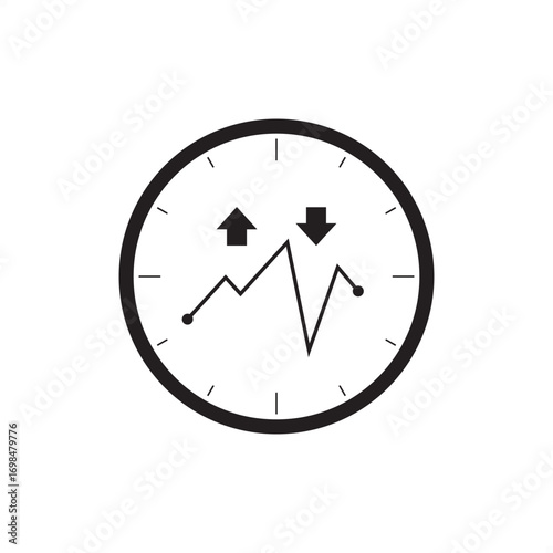 Minimalist vector illustration of day trading concept with stock chart inside a clock, symbolizing short-term trades, market volatility, and fast decision-making in finance and investment themes.