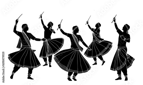 “Hand-Drawn Garba Dancers | Navratri Dandiya Silhouette Vector – Indian Festival Folk Dance Illustration”
