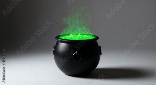 A black cauldron is filled with a bright, glowing green liquid, from which a mystical green vapor rises. The cauldron sits on a light gray surface against a darker gray background.