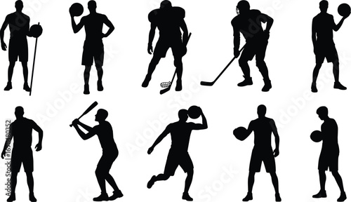 Sports player silhouettes set, basketball baseball hockey lacrosse athletes, active poses vector, athletic figures collection, sports icons design, male sportsmen silhouettes