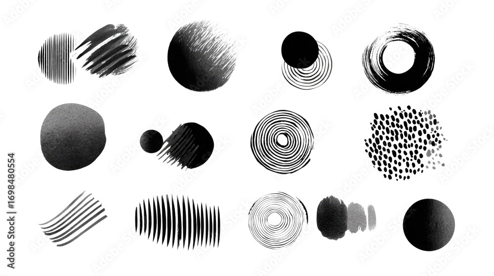 Fototapeta premium Ink Textures in Grayscale: A collection of abstract ink textures in varying shapes, sizes, and patterns, offering a diverse range of grayscale elements for artistic projects.