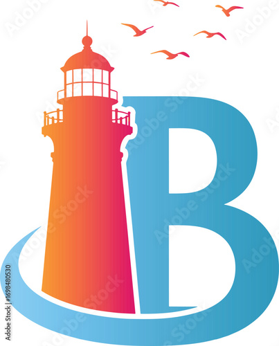 Vector illustration of vector art of lighthouse and letter b with birds