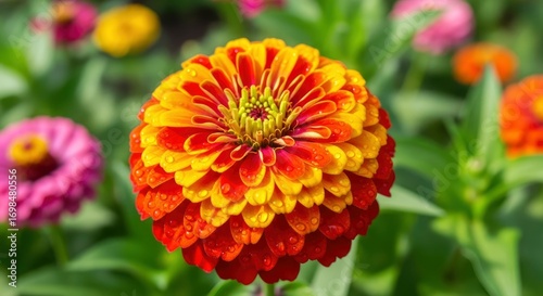 Vibrant orange and yellow zinnia flower with sparkling water droplets, showcasing nature's beauty and fresh bloom in a garden.