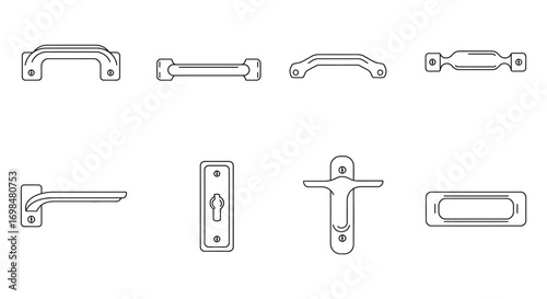 various metal handles and locks shown in simple line drawings