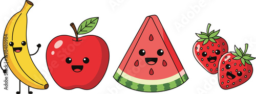 Cute Cartoon Fruits with Happy Faces, Banana, Apple, Watermelon, and Strawberry Characters for Kids, Fun Food Vector Illustration
