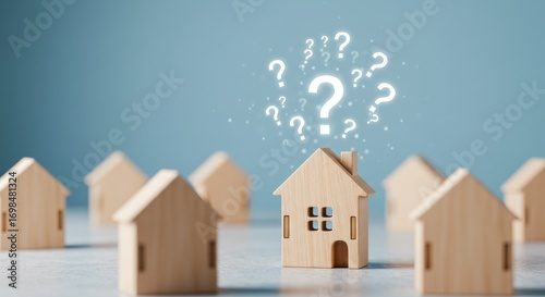 Conceptual image of miniature houses with question marks above the center house, representing real estate decisions and confusion