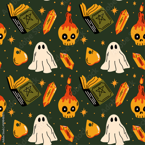 Halloween holiday themed vector seamless pattern with cute groovy funky witchy aesthetic cartoon illustration of spooky magical witchcraft objects, ghost, skull, book of spells, crystals, candle