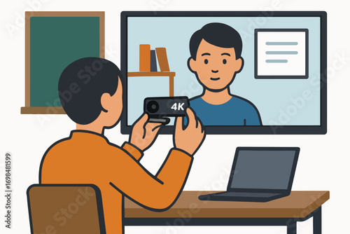 Classroom moderator using a detachable 4K camera to frame a remote student on big display illustration