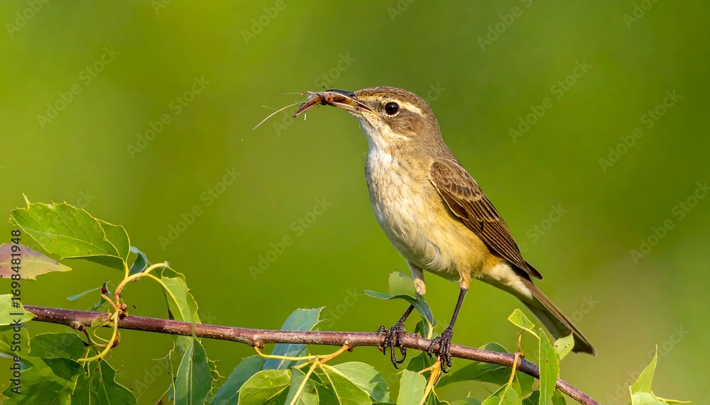 Fototapeta premium Small bird perched on branch, eating