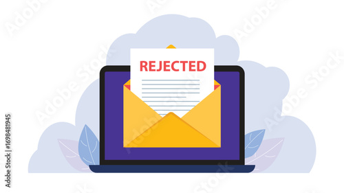 Rejected letter displayed on a laptop screen. Concept of negative response for college applications, university admissions, or workplace notifications