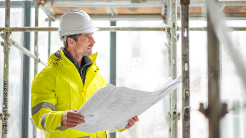 Construction project manager reviewing blueprints at indoor construction site