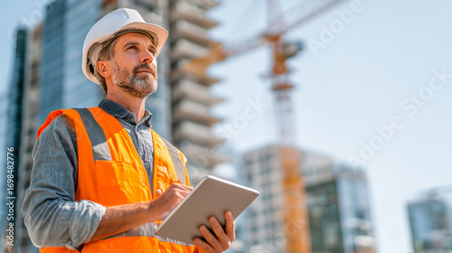 Modern project manager oversees construction site with tablet in hand during daytime