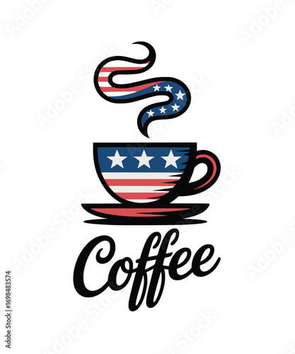 Steaming coffee cup with american flag design saucer