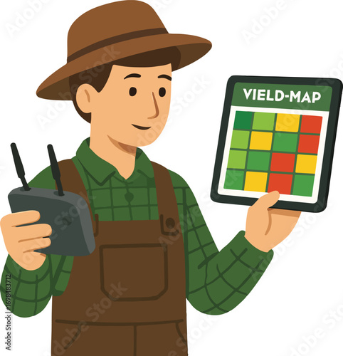 Farmer trainee using a drone controller while watching a tablet yield-map one hand on controller illustration