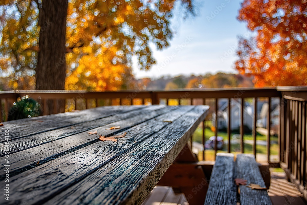 Fototapeta premium Autumn leaves and wooden table create cozy outdoor atmosphere in backyard setting